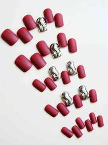 24 件法式簡約紅色磨砂水波紋圓形假指甲 + 1 件果凍膠 + 1 件指甲銼 - 彩色 - 查看 5