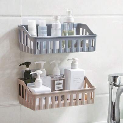 1pc Wall Mounted Storage Basket For Bathroom/Kitchen, Multifunctional Plastic Organizer Shelf Without Punching