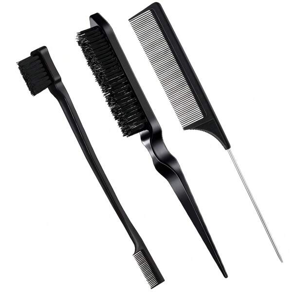 1 Set/3 Piezas Conjunto De Herramienta Para Peinar El Cabello Negro: Peine De Cola Puntiagudo, Peine De Dos Lados, Cepillo De Cejas Para Maquillaje Y Cabello