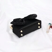 Glitter Bling,Shiny Glamorous,Elegant,Exquisite Fashionable Black Satin Clutch Bag With Bowknot & Square Shape For Party, Prom Dinner Bag,Evening Bag For Party Girl,Woman,For Female Perfect For Party,Wedding,Prom,Dinner/Banquet,For Best Gift For Women Valentines - Black - View 5