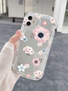 1 Pink Blue Flower Transparent Cream Patterned Phone Case Compatible With Apple/Compatible With Samsung/Compatible With Xiaomi/Compatible With Redmi - Clear - View 3