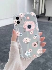 1 Pink Blue Flower Transparent Cream Patterned Phone Case Compatible With Apple/Compatible With Samsung/Compatible With Xiaomi/Compatible With Redmi - Clear - View 1
