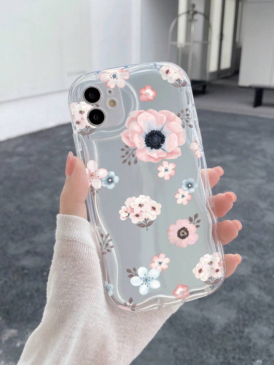 1 Pink Blue Flower Transparent Cream Patterned Phone Case Compatible With Apple/Compatible With Samsung/Compatible With Xiaomi/Compatible With Redmi - Clear - View 1