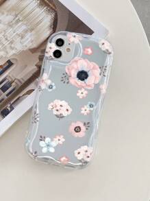 1 Pink Blue Flower Transparent Cream Patterned Phone Case Compatible With Apple/Compatible With Samsung/Compatible With Xiaomi/Compatible With Redmi - Clear - View 2