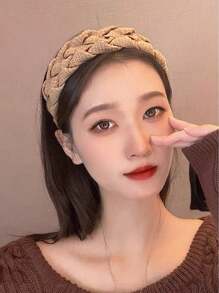 1 件裝女式咖啡色髮帶,帶扭曲辮子,適合日常佩戴,簡約純色寬髮帶 - 咖啡 - 查看 2