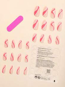 24pcs Long Almond Shape French False Nails Decorated With Silver Metallic Stars & Rhinestones, Comes With 1pc Nail File, 1pc Glue - Multicolor - View 2