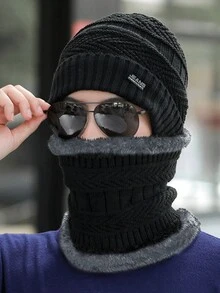 1入組中性冬天豆豆帽和圍巾套裝,適用於戶外運動,購物和工作 - 黑色 - 查看 2