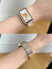 1pc Milan Lock Metal Strap Protection Case Compatible With Huawei Band 9/8/7/6 Models, NFC Supported - Rose Gold - View 9