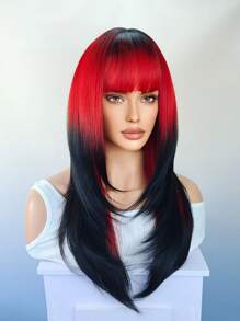 de ombré rojo a negro cosplay fiesta Pelucas sintéticas con tupe longitud mediana recto a capas Pelucas de pelo para mujeres resistente al calor Peluca - Degradado - Ver 3