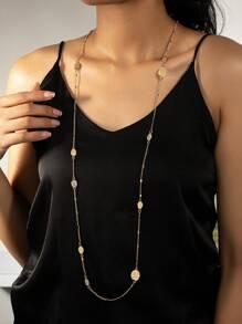 1pc Vintage Simple Full Rhinestone Metal Style Long Necklace Sweater Chain, Can Be Worn Alone Or Stacked - Gold - View 2