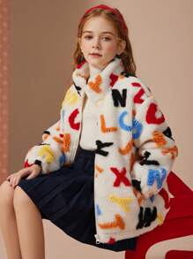 Girls' Casual Sporty Style High Neck Padded Coat With Letter Pattern Design, Winter - Multicolor - View 10
