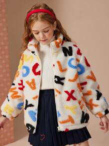Girls' Casual Sporty Style High Neck Padded Coat With Letter Pattern Design, Winter - Multicolor - View 8