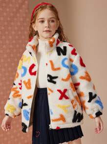Girls' Casual Sporty Style High Neck Padded Coat With Letter Pattern Design, Winter - Multicolor - View 5