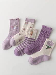 5 Pairs Girls' Purple Tulip & Rabbit Mid-Calf Socks, Suitable For Ages 1-2, 2-3, 3-8, 8-12 Years Old, Spring/Autumn