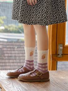 5 Pairs Girls' Purple Tulip & Rabbit Mid-Calf Socks, Suitable For Ages 1-2, 2-3, 3-8, 8-12 Years Old, Spring/Autumn