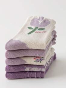 5 Pairs Girls' Purple Tulip & Rabbit Mid-Calf Socks, Suitable For Ages 1-2, 2-3, 3-8, 8-12 Years Old, Spring/Autumn