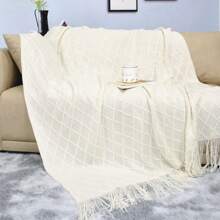 1pc Solid Color Soft And Comfortable Fringed Blanket, Suitable As Sofa Blanket, Shawl And Bed Tail Cover - Beige - View 3