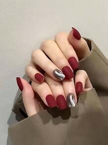 24 件法式簡約紅色磨砂水波紋圓形假指甲 + 1 件果凍膠 + 1 件指甲銼 - 彩色 - 查看 1