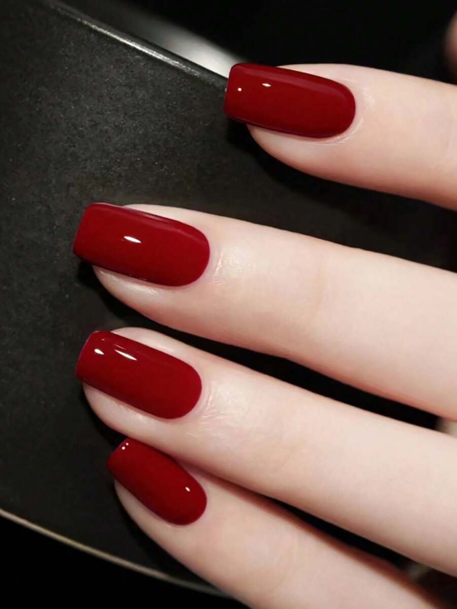 24入組时尚、簡約、酒紅色的女士美甲套裝，含果凍指甲油、美甲文件、自貼指甲供裝升級風格 - 酒紅色 - 查看 1