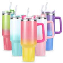 1 件 1200ml/40oz 冷饮杯，带手柄和吸管，不锈钢平底杯，带手柄和防漏设计，户外旅行杯，可重复使用的水瓶，户外露营保温水瓶，旅行随身杯