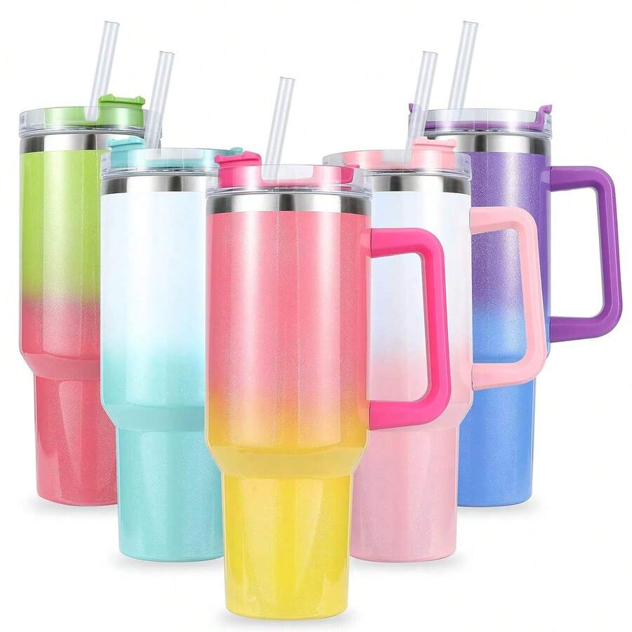 1 件 1200ml/40oz 冷饮杯，带手柄和吸管，不锈钢平底杯，带手柄和防漏设计，户外旅行杯，可重复使用的水瓶，户外露营保温水瓶，旅行随身杯