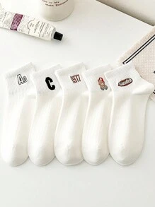 5雙白色透氣可愛刺繡短襪,適用於休閒、商務、運動、跑步女性