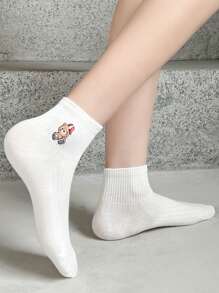 5雙白色透氣可愛刺繡短襪,適用於休閒、商務、運動、跑步女性