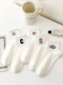 5雙白色透氣可愛刺繡短襪,適用於休閒、商務、運動、跑步女性