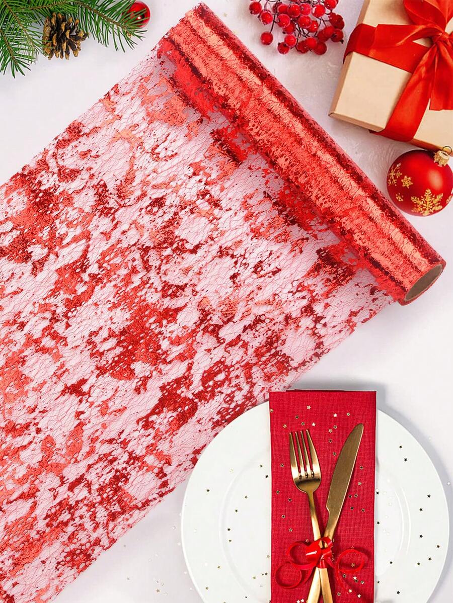 1入組紅色帶箔網格桌旗卷,適用於派對、婚禮和活動的桌子裝飾 - 紅色 - 查看 1