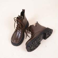 女式秋冬時尚圓頭厚底休閒短靴 - 棕色 - 查看 4