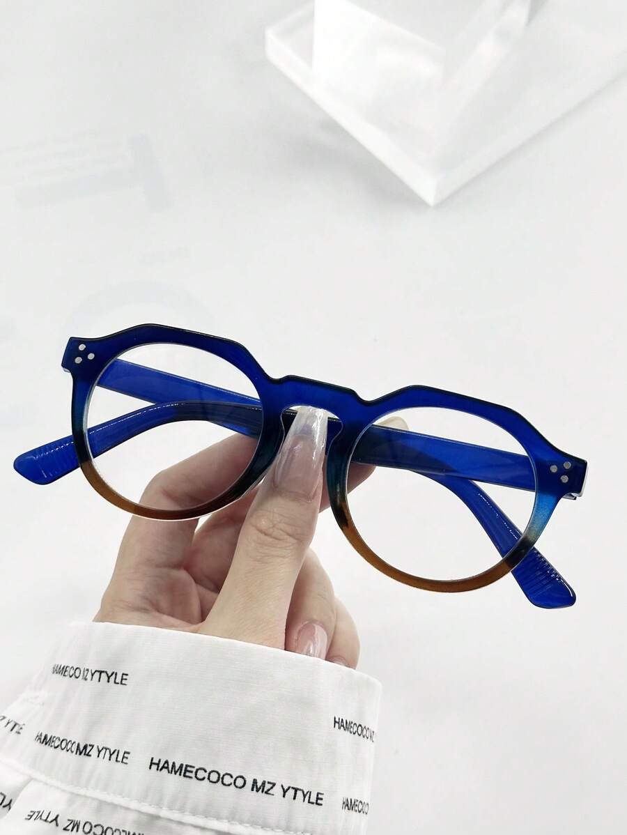 女士简约无度数眼镜，透明镜片，蓝色和棕色镜框，适合日常佩戴