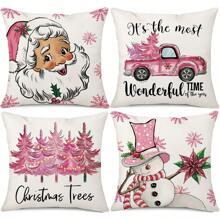 4入組聖誕圖案枕套,現代化聚酯方形套,設計有粉紅色的聖誕老人、聖誕樹、雪人、雪花圖案,適用於客廳和臥室裝飾,完美的聖誕裝飾 - 聖誕節裝飾 - 查看 1
