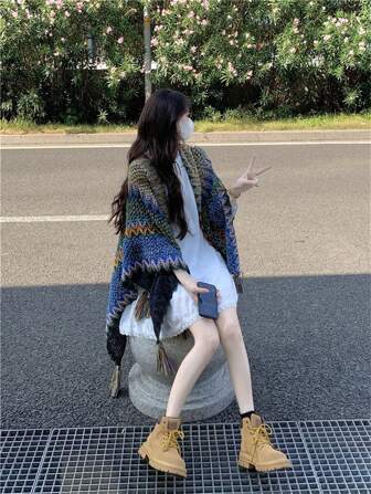 1 Pieza Poncho De Moda Tejido Para Mujer De Varios Colores, Adecuado Para Viajes Y Uso Diario En Invierno, Se Puede Usar Como Chal
