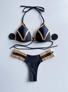 Solid Color Push-Up Bikini Set With Metallic Sheen Splice Summer