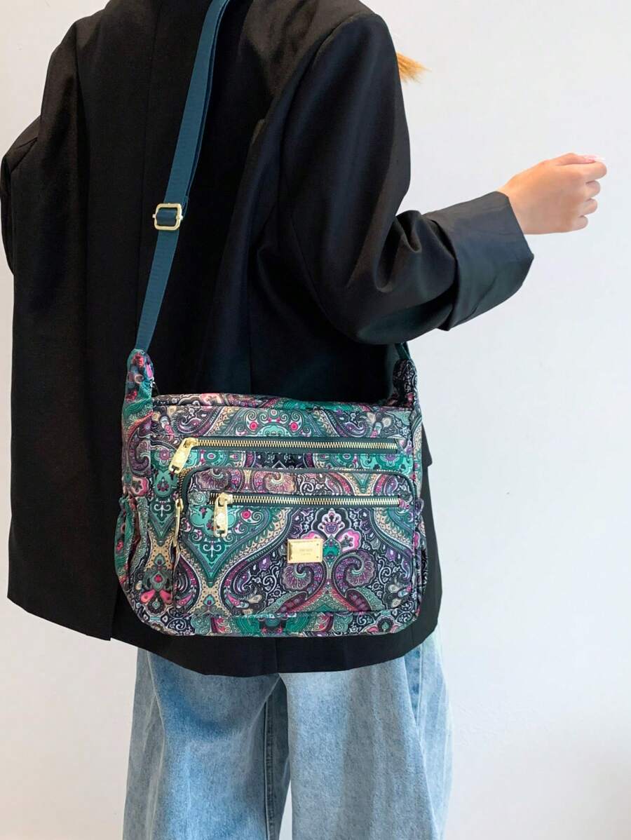 1 件女士复古尼龙面料彩色印花拼色斜挎包，配宽肩带，多口袋单肩包，彩色钱包，女士 - 軍綠色 - 查看 1