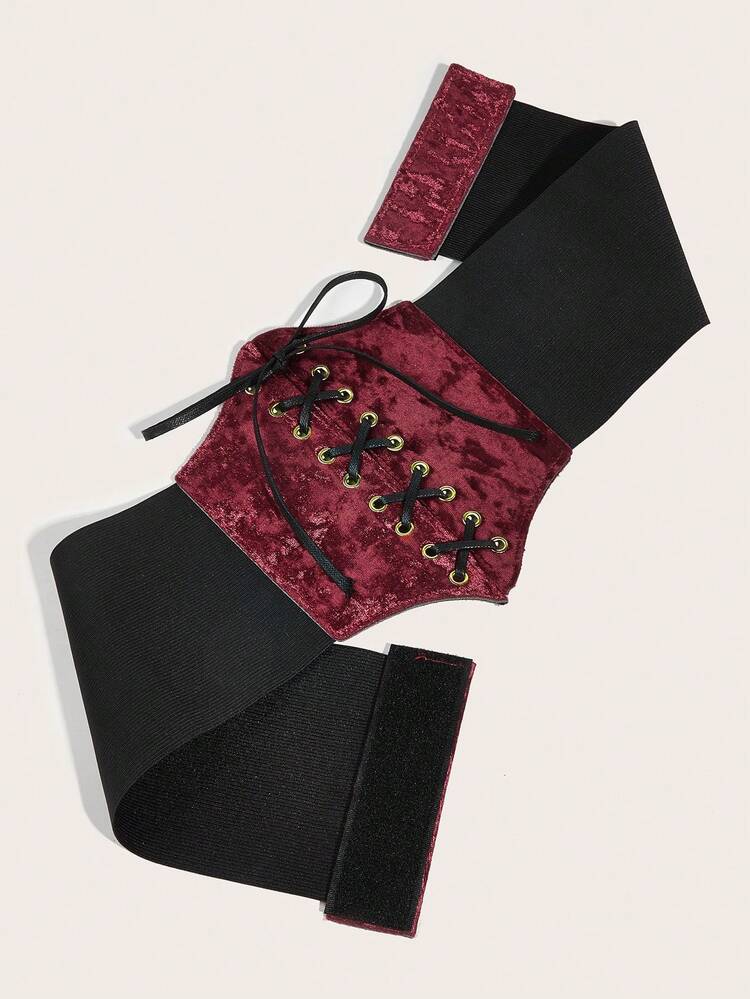 1pc Women's Burgundy Velvet Waist Belt With Tie Closure - Burgundy - View 5