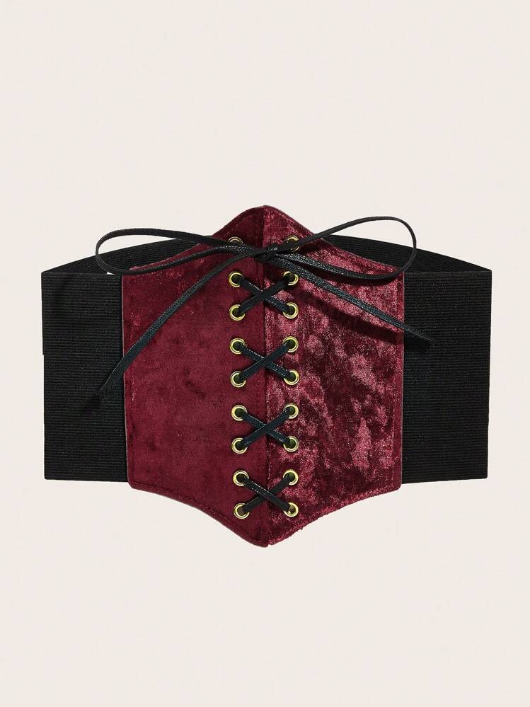 1pc Women's Burgundy Velvet Waist Belt With Tie Closure - Burgundy - View 2