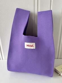 1 件紫色可折叠针织手提包/手腕包旅行手提包单肩包纯色简约休闲风格便携可折叠透气女士手提包非常适合度假、上学、工作通勤、购物 - 紫色 - 查看 7