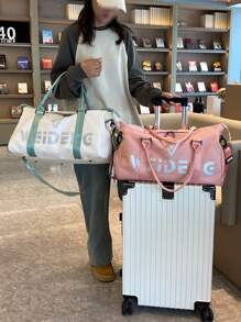 米色字母旅行行李包鞋櫃大容量運動健身包便攜週末過夜包字母圖案運動戶外旅行包 - 米色 - 查看 1