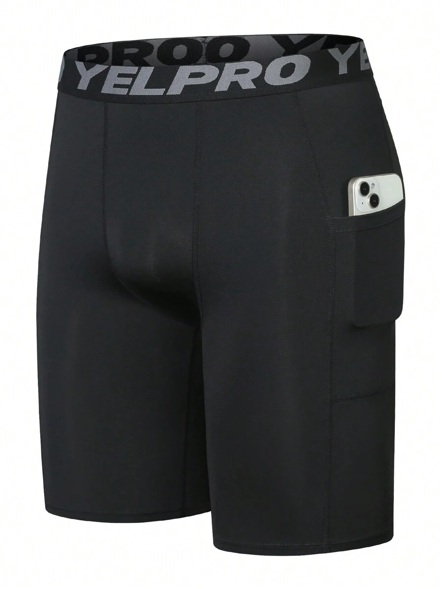 透氣速乾彈性壓力短褲附口袋,適用於健身、跑步、訓練 - 黑色 - 查看 1