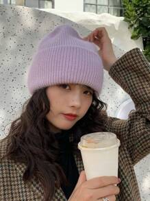 1 Miếng Quý cô Màu thuần Hai lớp Cạnh cuộn Thời trang Mũ đan Đối với Các hoạt động ngoài trời In Mùa thu Và Mùa Đông Giải trí - Màu tím - Xem 2