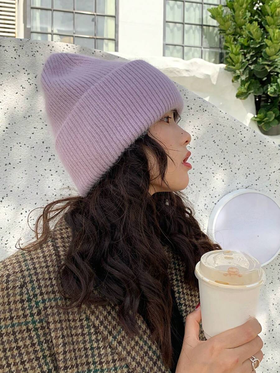 1 Miếng Quý cô Màu thuần Hai lớp Cạnh cuộn Thời trang Mũ đan Đối với Các hoạt động ngoài trời In Mùa thu Và Mùa Đông Giải trí - Màu tím - Xem 1