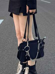 甜美時尚的金屬鏈裝飾,暗黑哥特風格b2y風格龐克復古腋下肩袋 - 黑色 - 查看 6