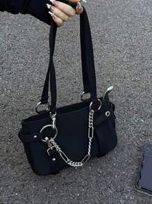 甜美時尚的金屬鏈裝飾,暗黑哥特風格b2y風格龐克復古腋下肩袋 - 黑色 - 查看 9