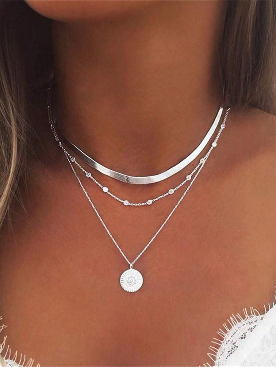 分層項鍊銀幣吊墜項鍊波西米亞串珠珠寶,適用於女性和女孩 - 銀色 - 查看 1