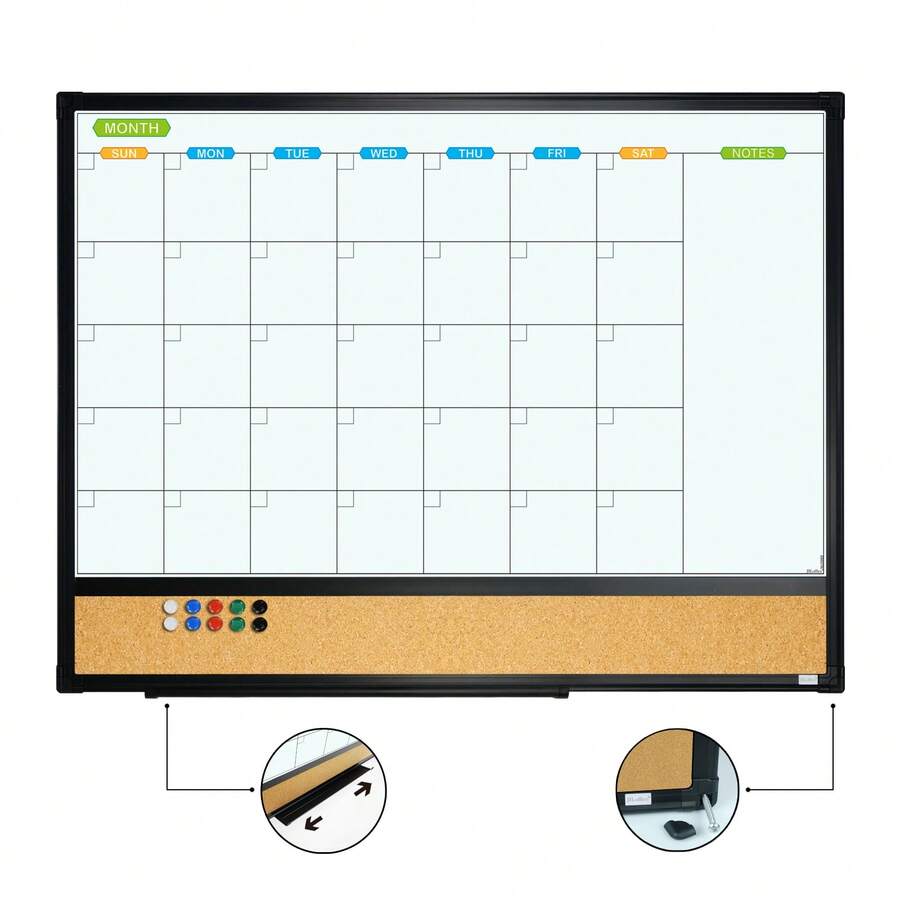 Calendar Whiteboard & Bulletin Board Combination, Combo Board 24 x 18 Inch, Black