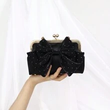 Glitter Bling,Shiny Glamorous,Elegant,Exquisite Fashionable Black Satin Clutch Bag With Bowknot & Square Shape For Party, Prom Dinner Bag,Evening Bag For Party Girl,Woman,For Female Perfect For Party,Wedding,Prom,Dinner/Banquet,For Best Gift For Women Valentines - Black - View 2