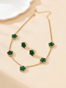1pc Cute And Sweet Colorful Flower Pendant Necklace With 1pair Earrings Set - Green - View 3