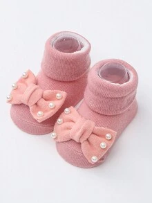 4雙/包 嬰兒女孩公主蝴蝶結裝飾防滑地板襪,純色中筒襪 - 彩色 - 查看 8