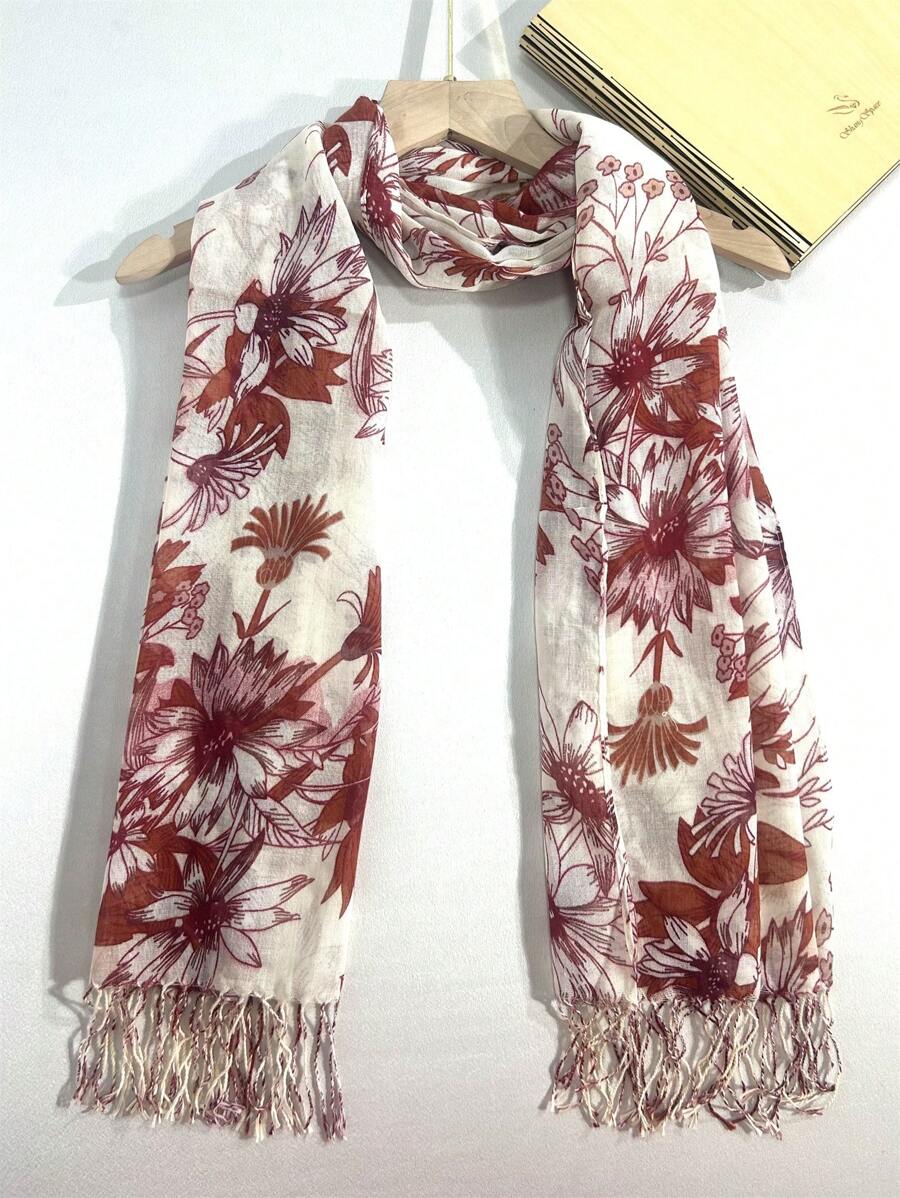 1條印花長圍巾,帶流蘇,材質為聚酯纖維 - 彩色 - 查看 1